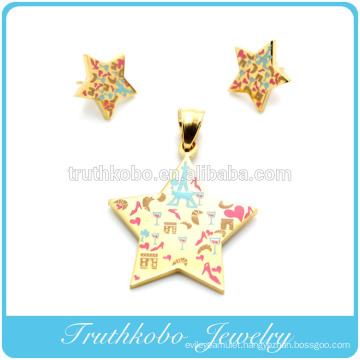 2014 Artificial Big Costume Jewelry Stainless Steel Colorful Enamel Design Gold Plated Star Stud Earring Pendant Jewelry Set